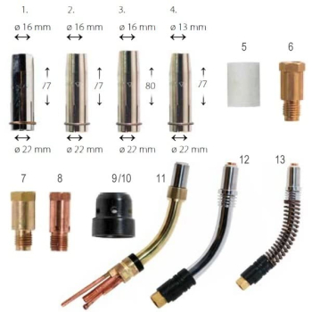 Verschleißteile für Kemppi Brenner FE 35, MMT 35, PMT 35, WeldSnake 35, MMT 42W, PMT 42W & WeldSnake 42W